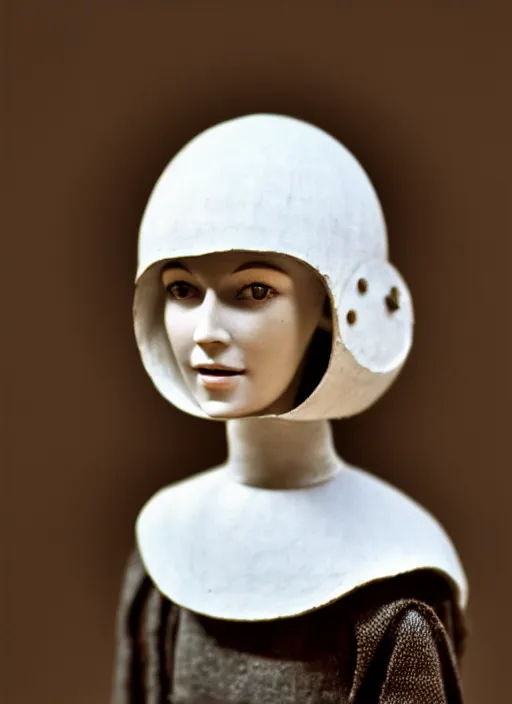 Image similar to realistic photo of a a medieval wooden barbie girl doll sculpture dressed white spherical hat helmet made of plastic, black brushwood, greyscale grain 1 9 6 0, life magazine photo, natural colors, metropolitan museum, kodak