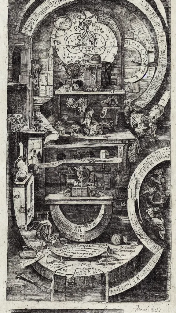 Image similar to esoteric etching print of an alchemists laboratory, amphitheatrum sapientiae aeternae, 1 5 9 5, kodachrome photo