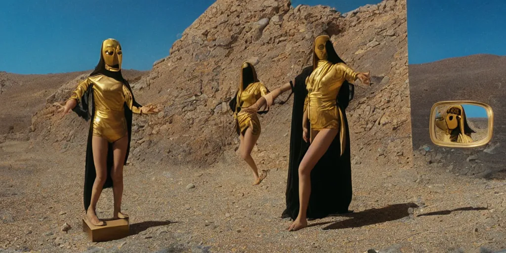 Image similar to levitating woman with full - face golden mask in a dry rocky desert landscape, visible sky and sunny atmosphere, fata morgana and giant square mirrors by alejandro jodorowsky, anamorphic lens, kodakchrome, practical effects, masterpiece, 8 k