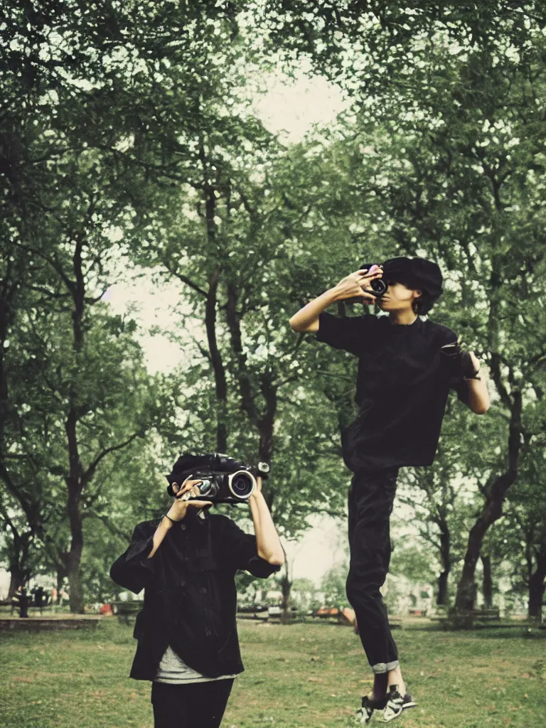 Image similar to slim young man with dark curly hair wearing a black artists beret, a green shirt, black trousers, taking a photo with his 35mm camera in a park highly lomo bright colours vintage