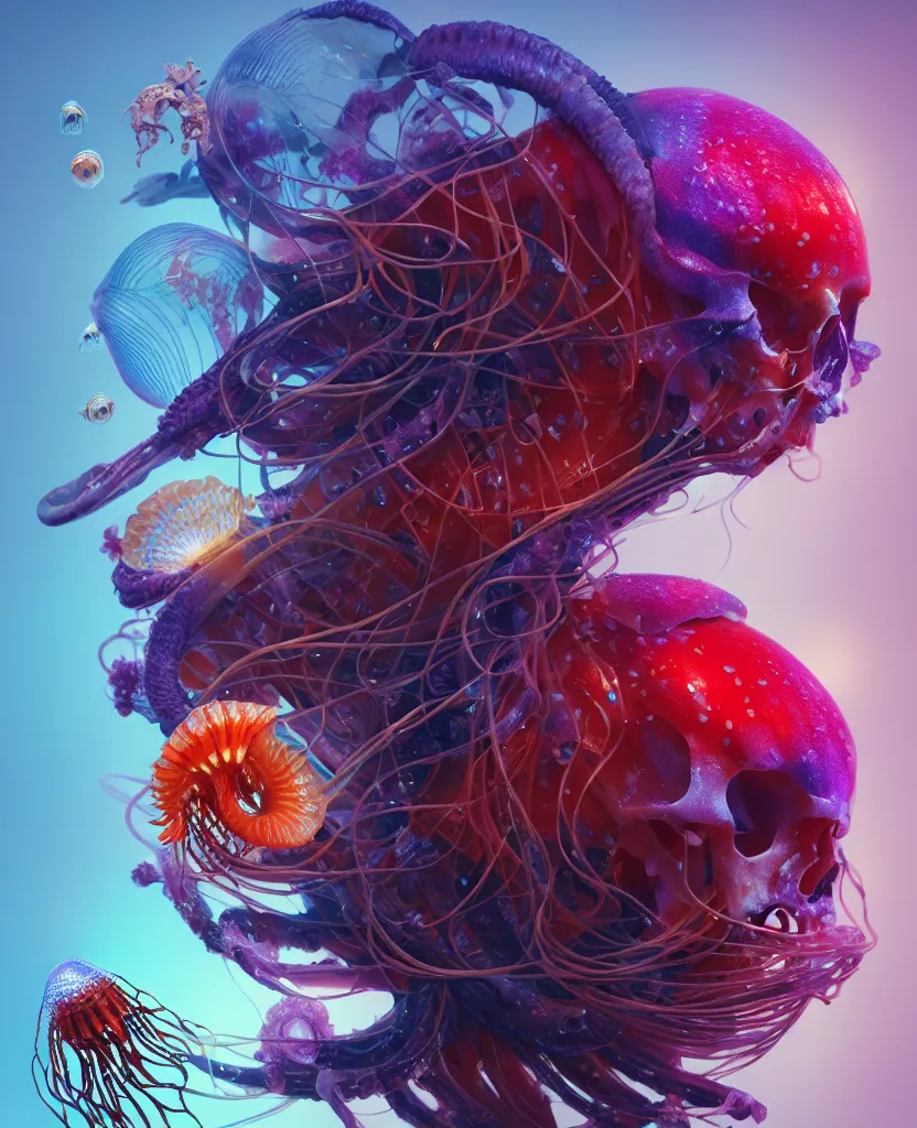 Image similar to human thorax, jellyfish phoenix head, nautilus, orchid, skull, betta fish, bioluminiscent creatures, intricate artwork by Tooth Wu and wlop and beeple. octane render, trending on artstation, greg rutkowski very coherent symmetrical artwork. cinematic, hyper realism, high detail, octane render, 8k