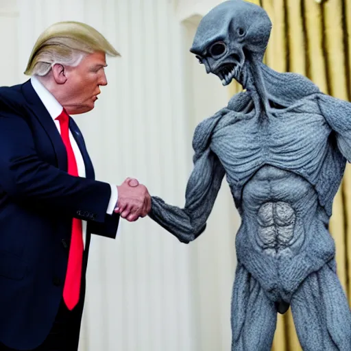 Prompt: press photo of donald trump shaking hands with a gray alien