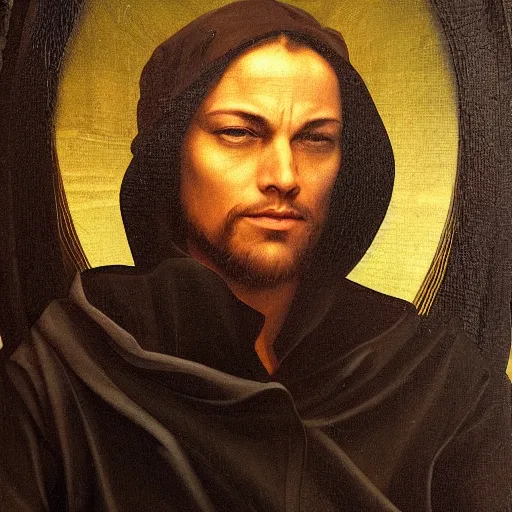 Prompt: oil portrait of a renaissance computer hacker, on a dark neutral background, cyberpunk, regal, highly detailed, by Leonardo Decaprio