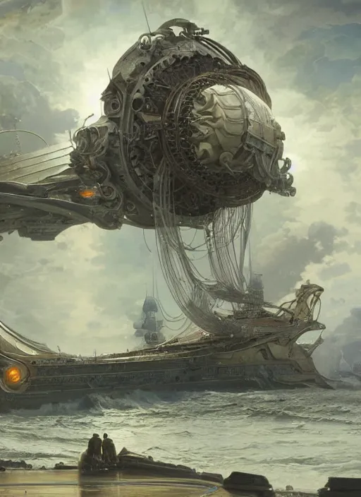 Image similar to epic concept illustration, highly detailed, intricate mechanical design, hard science concept art, star fleet nautilus ship being prepared for launch, by greg rutkowski and alphonse mucha. uhd, cinematic lighting, amazing depth, cinematography by 2 0 1 7