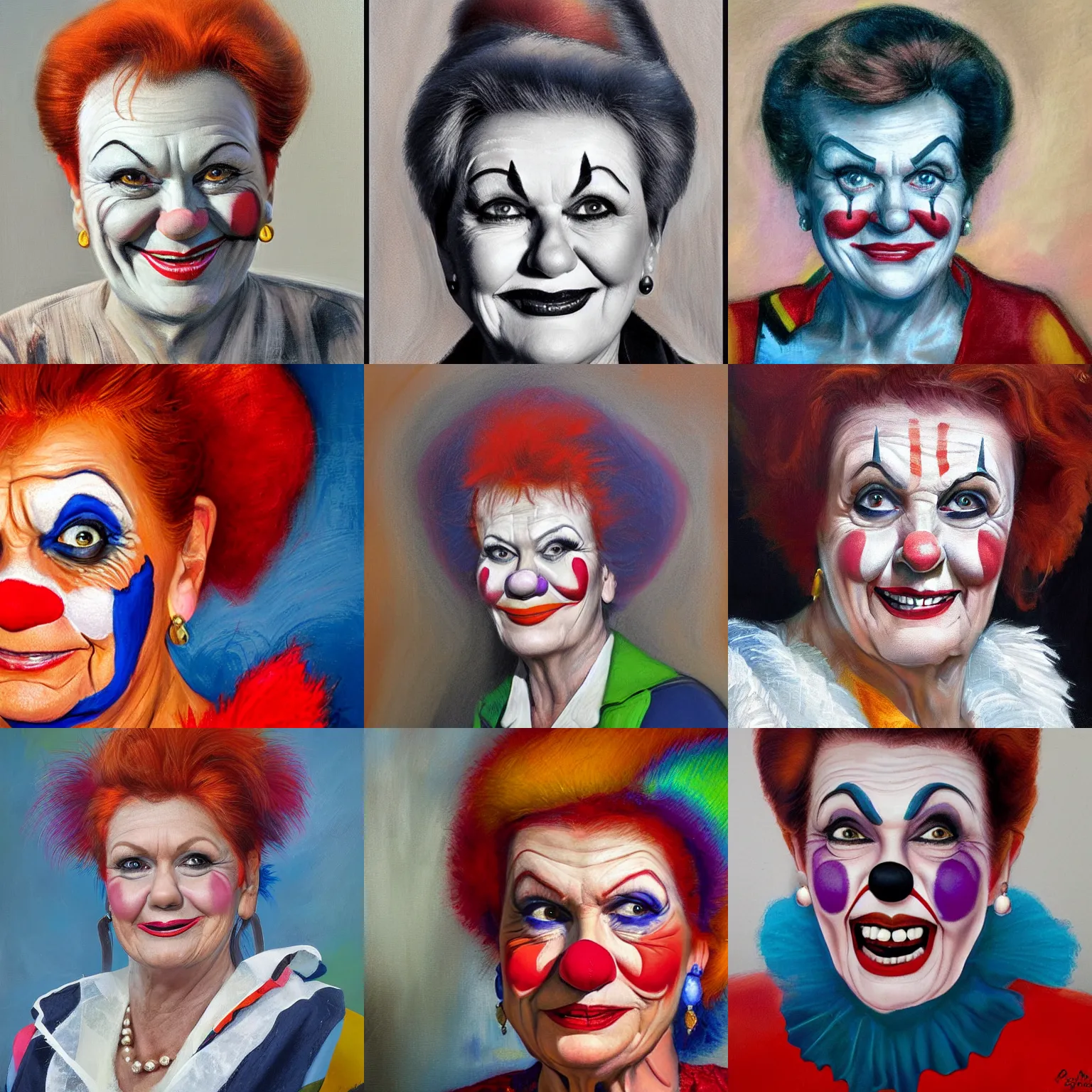 Prompt: Pauline Hanson as a clown, portrait by James Gurney, ultra detail