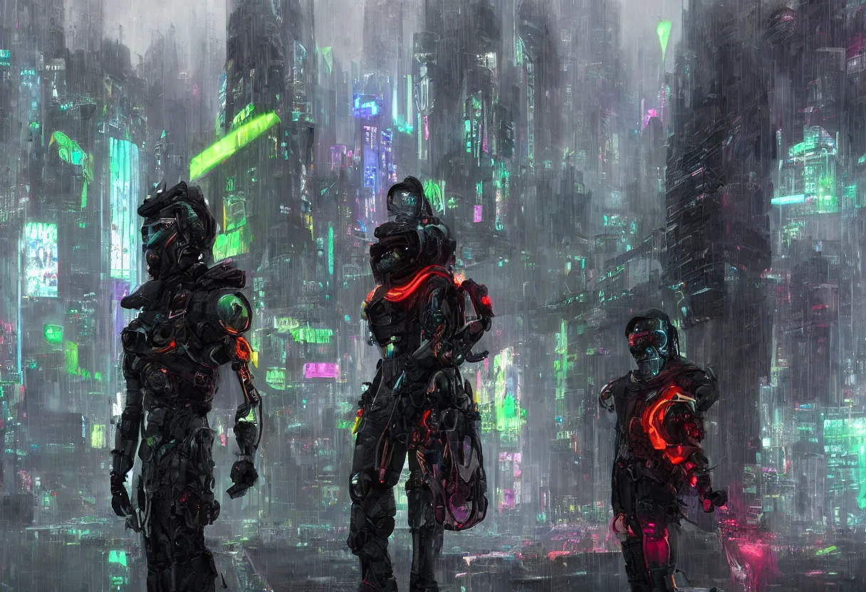 Prompt: an epic portrait of a cyberpunk robot wizard knight wearing a neon robe posing in a mist-filled brutalist international futurist megacity, muted neon and constant rain and fog, unreal 5, DAZ, detailed, soft focus, brilliant colors, high contrast, brilliant highlights, 4k, 8k, HD, trending on artstation, trending on DeviantArt, painting oil on canvas illustration by Alena Aenmai by Wayne Barlowe by Gerald Brom by Noah Bradley by Thomas Kincade