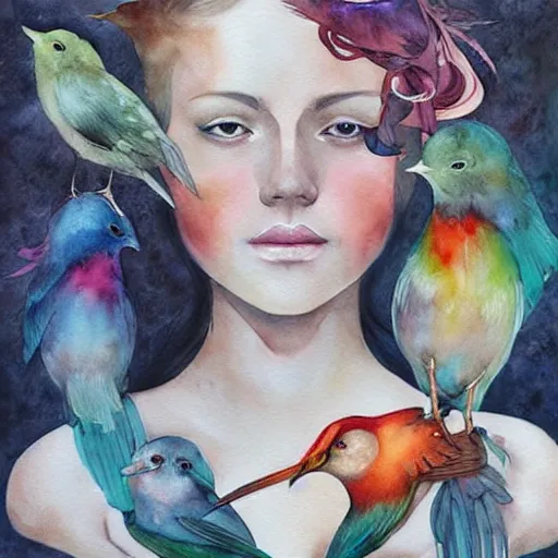 Prompt: watercolor woman with birds by anna dittmann, by marco mazzoni