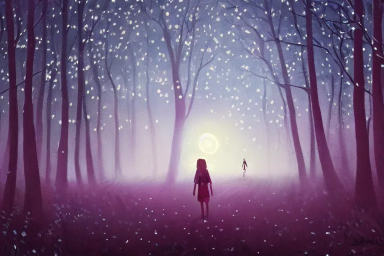 Image similar to giant daisy flower head, girl walking in a moonlit forest, hills, surreal photography, dark night, star trails, dramatic light, impressionist painting, clouds, digital painting, artstation, simon stalenhag