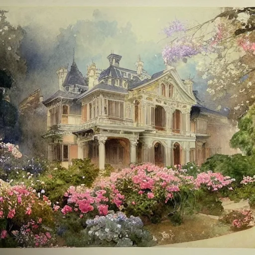 Image similar to a beautifull intricate watercolour painting of a mansion with many flowers, reflexions, verry high details by william turner art, greg rutkowski and alphonse mucha, trending on artstation, very very detailed, masterpiece, - h 7 0 4