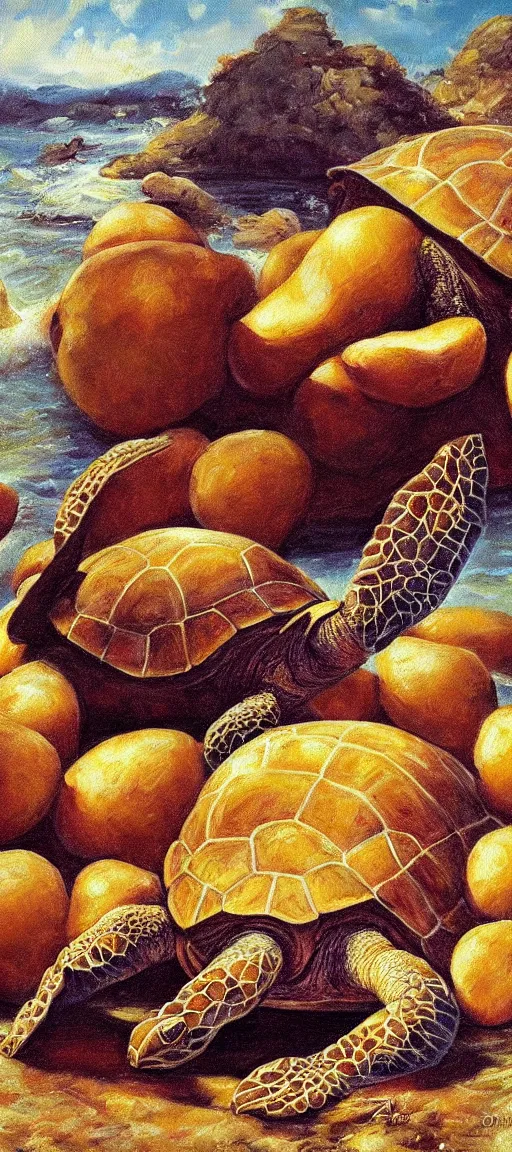 Prompt: giant turtle eating potatoes oil painting