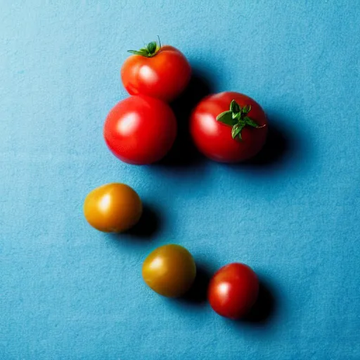 Prompt: blue tomato on red background