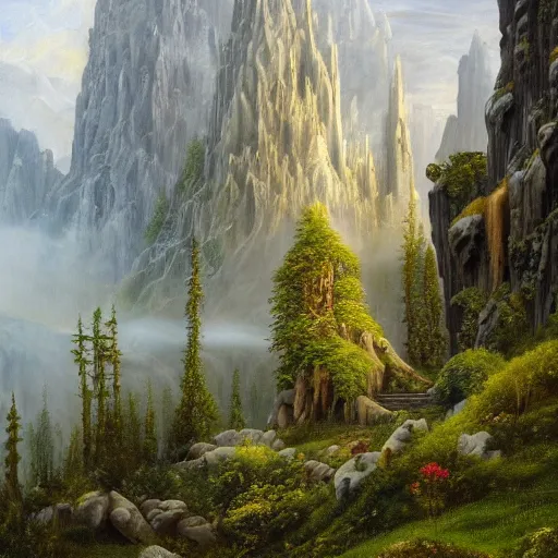 Prompt: a beautiful and highly detailed oil painting of an elven temple in the mountains, detailed trees and cliffs, grass and flowers, swirling mist, tall stone spires, intricate details, epic scale, insanely complex, 8 k, sharp focus, hyper realism, by caspar friedrich,