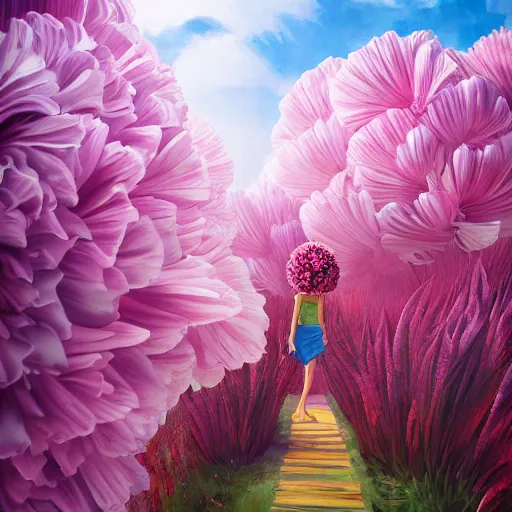 Prompt: giant carnation flower head, woman walking between luxury apartments, surreal photography, sunlight, impressionist painting, digital painting, artstation, simon stalenhag