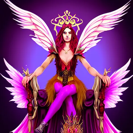 Prompt: Half Fey Princess sorceress with red flaming bird wings on her back and sitting on an ornate throne dressed in a fancy purple dress, Fantasy, Full Portrait, High detail, realistic, planeswalker