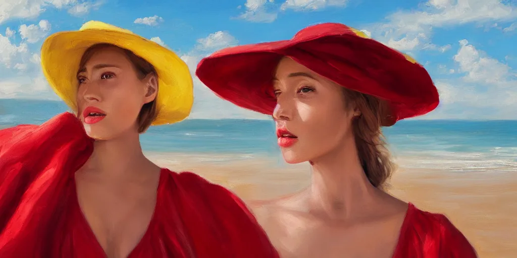 Image similar to beautiful oil matte portrait painting, young woman with red dress and mustard yellow summer hat at a beach on a sunny day, wonderful masterpiece highly detailed, beautiful cinematic light deep focus, elegant, digital painting, smooth, sharp focus, golden ratio, dramatic illumination, ultra realistic, 8 k, art by jimmy law