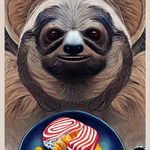 Image similar to detailed science - fiction character portrait of a sloth eating sushi, intricate, wild, highly detailed, digital painting, artstation, concept art, smooth, sharp focus, illustration, art by artgerm and greg rutkowski and alphonse mucha