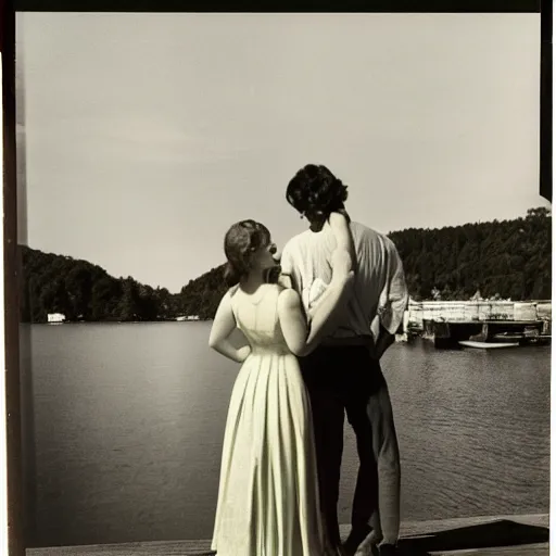 Prompt: A beautiful photograph of a man and a woman are standing on a dock, looking out at a body of water. The woman has her hand on the man's shoulder, and they appear to be deep in conversation. The colors in the photograph are muted, and the scene has a calming feeling. quartz by Ludwig Mies van der Rohe detailed, lines