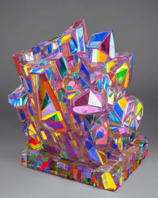 Image similar to a multicolored bismith sitting on top of a table, an abstract sculpture by john chamberlain, trending on pinterest, crystal cubism, angular, made of crystals, iridescent