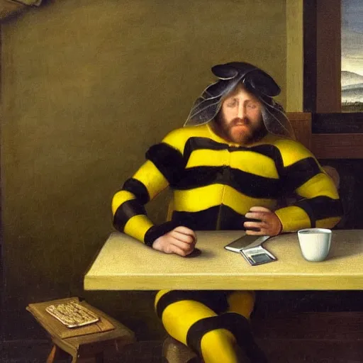 Prompt: tired man in a bumblebee suit sips a coffee in front of a laptop, highly detailed, masterpiece, renaissance, oil on canvas