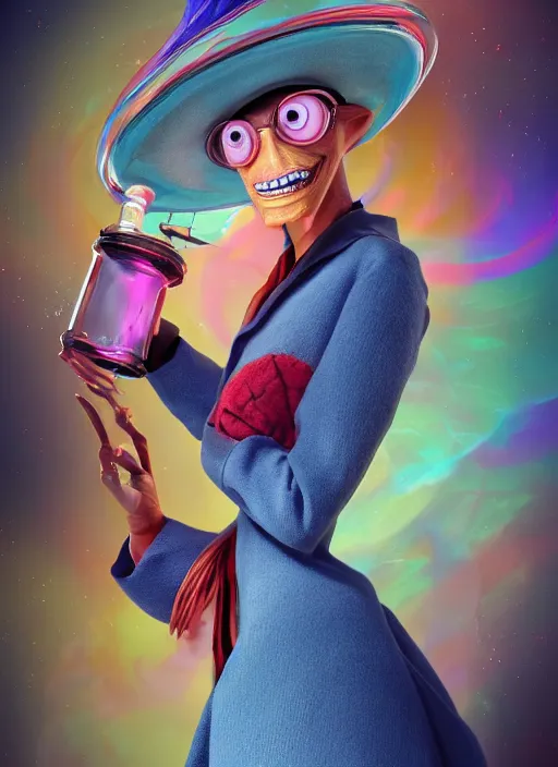 Image similar to an anthropomorphic beautiful female scientist portrait blowing a bong wearing colourful robe, fine art, wizard hat, award winning, intricate, elegant, sharp focus, octane render, hyperrealistic, wizard hat cinematic lighting, highly detailed, digital painting, 8 k concept art, art by jamie hewlett and z. w. gu, masterpiece, trending on artstation, 8 k