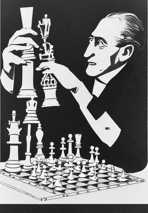 Image similar to a concept drawing of marcel duchamp holding up a chess - piece wire - machine, a surrealist painting by marcel duchamp, complex artificial - intelligence machinery, 1 9 2 0 s