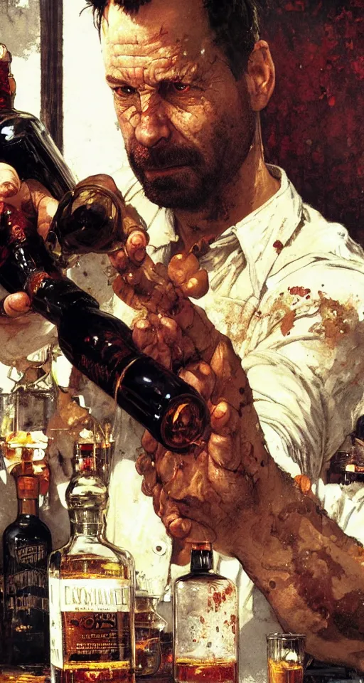 Image similar to close up of bloodied max payne pouring whisky, sun shining, photo realistic illustration by greg rutkowski, thomas kindkade, alphonse mucha, loish, norman rockwell.