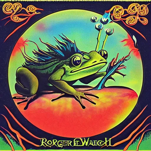 Image similar to progressive rock album cover of an elder wizard frog casting a world ending spell, in the style of Roger Dean