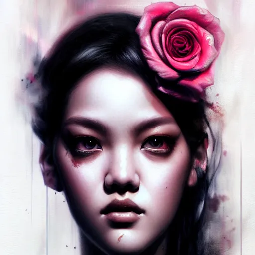 Prompt: rose of blackpink, hyperrealistic portrait, bladerunner street, by karol bak and agnes cecile, fantasy art, photo realistic, dynamic lighting, artstation, poster, volumetric lighting, very detailed face, intricate complexity, 8 k, award winning