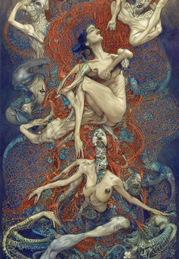 Image similar to simplicity, elegant, colorful blue djinn bodies and bones radiating from fractal, orchids, flowers, mandala, white bones, by h. r. giger and esao andrews and maria sibylla merian eugene delacroix, gustave dore, thomas moran, pop art, chiaroscuro, biopunk, art nouveau