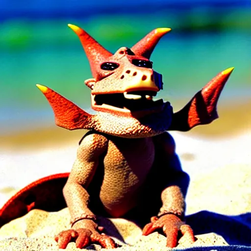 Image similar to Kobold wearing caveman clothes at a beach