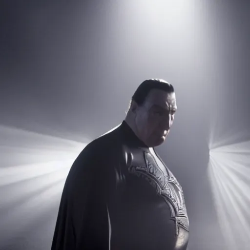 Prompt: from the movie a still of steven seagal as a fat batman, cinematic, studio lighting. god rays through fog. 4 k