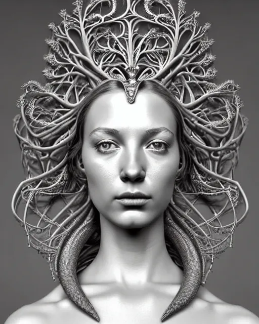 Image similar to bw 3 d render of a beautiful young female queen - cyborg - vegetal, intricate fractal ornament in the bust with a very long neck, elegant, highly detailed intricate rococo ornament in her silver long hair, realistic, refined, highly detailed, cinematic outdoor lighting, by flora borsi in the style of dora maar, volumetric lighting, hyper realistic photography