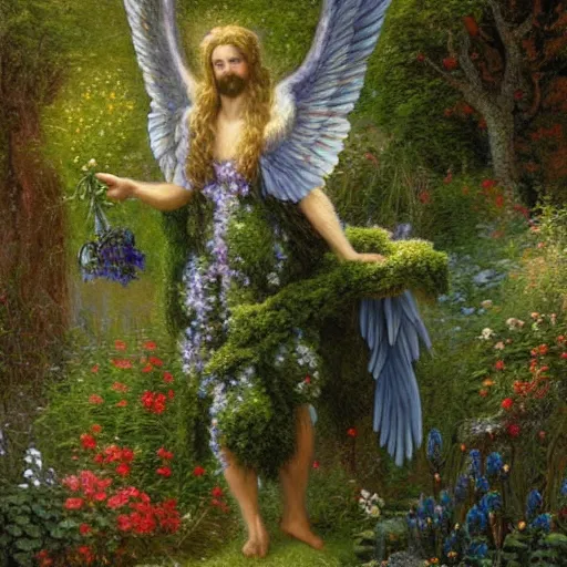 Prompt: a majestic winged male garden angel with a beard made of moss, he is clothed in vines and flowers standing in front of a beautiful cottage, an oil painting by thomas canty and thomas kincade