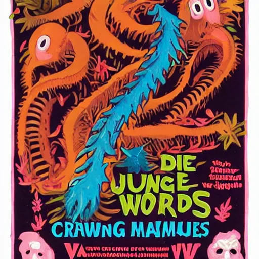 Prompt: jungle of worms, crawing everywhere, attacking animals, infestation, VHS, 80's movie