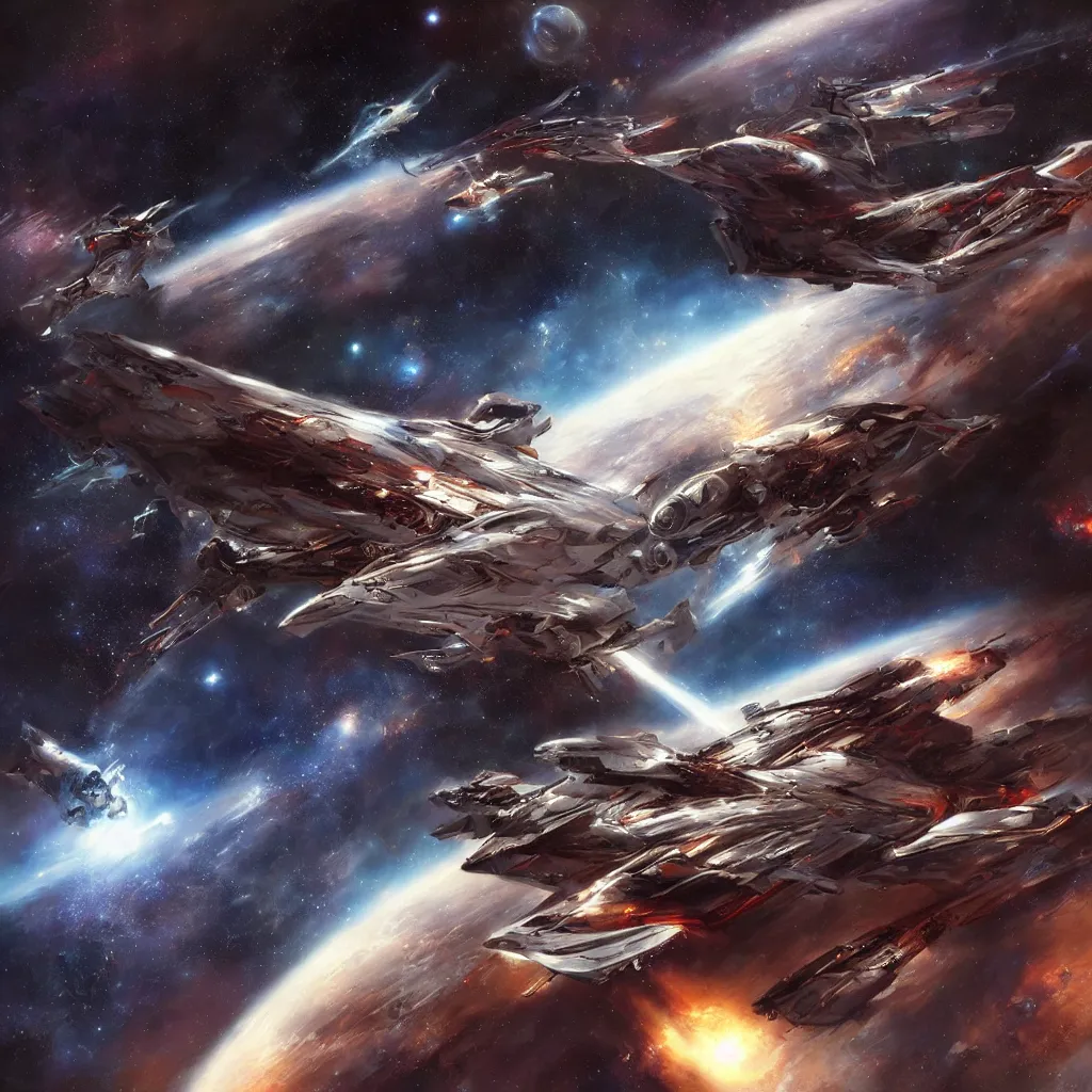 Prompt: spaceship in space, artwork by raymond swanland