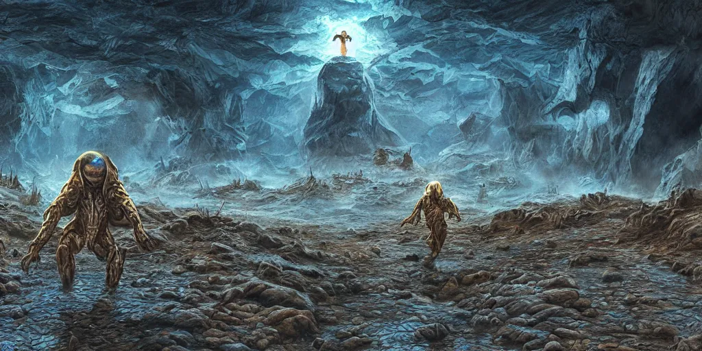 Image similar to dire subterranean ministry earthling en route peril messenger, intricate drawing, water drought, realistic fantasy, establishing shot, 8k resolution, dramatic lighting