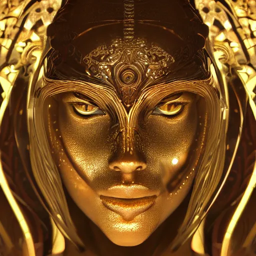 Image similar to an intricate, detailed face of an android, golden skin with water drops on it, unreal engine, trending on artstation, art nouveau