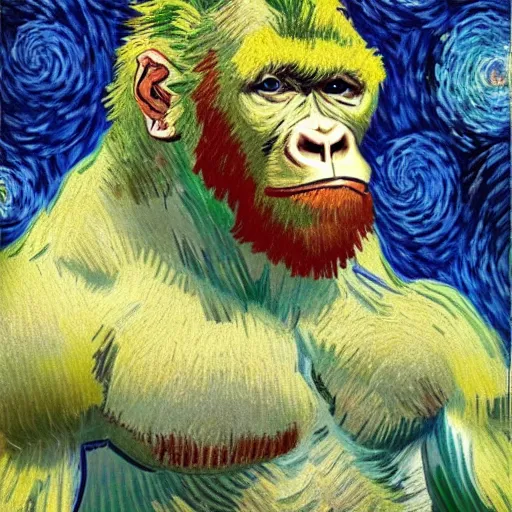 Prompt: a van gogh painting of an incredibly buff gorilla with massive muscles 4 k, high resolution, still, landscape, hd, dslr, hyper realistic, body builder, mr universe