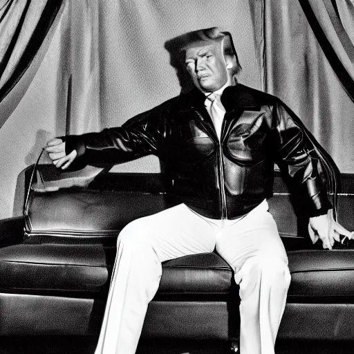 Image similar to donald trump with afro wearing 1 9 7 0 s bellbottoms clothing, black and white, full body profile, sitting on vintage leather sofa, vogue cover, dramatic lighting