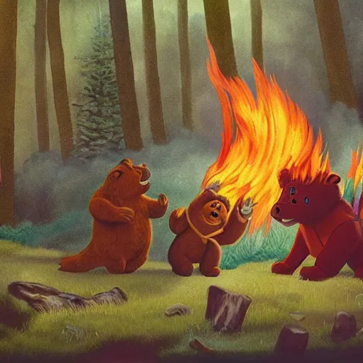 Image similar to candid photo of Teddy Ruxpin on fire in the woods, fighting valiantly against Smokey The Bear by Annie Leibowitz, photorealisitc, extremely detailed