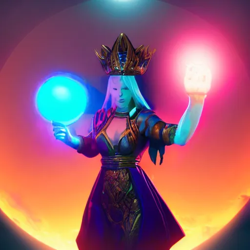 Prompt: a powerful goddess woman floating with a glowing orb of blue power in her hand, trending on artstation, colourful, powerful, dark, mysterious, unreal engine 5