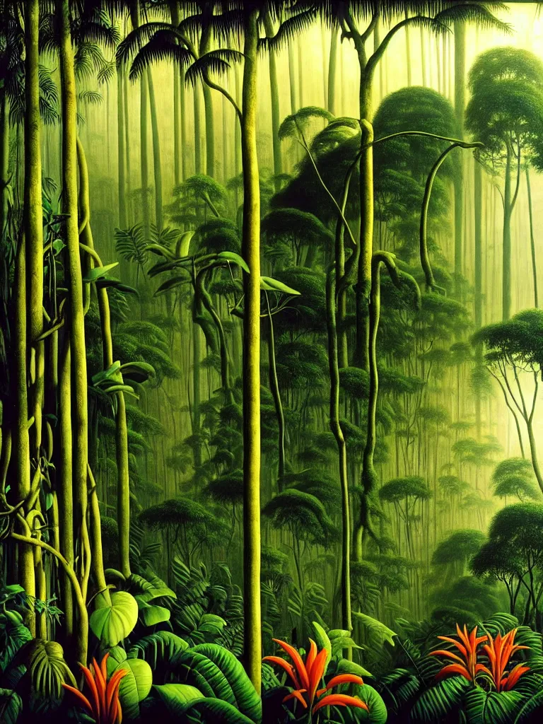 Image similar to A photorealistic painting of the lush interior of a Malaysian jungle, forest canopy covers the morning sunlight, dense exotic tropical flora and fauna gives a foreboding atmosphere where time seems to stand still, creeping vines hangs like bloody entrails, tree roots like severed human limbs as imagined by Martin Johnson Heade, Hiroshi Sugimoto, Henri Rousseau, medium close up shot, wide angle lens, anaglyph filter, cinematic mood lighting, National Geographic photograph, British Pathe archive, cinematography of Apocalypse Now (1977), trending on Art Station.