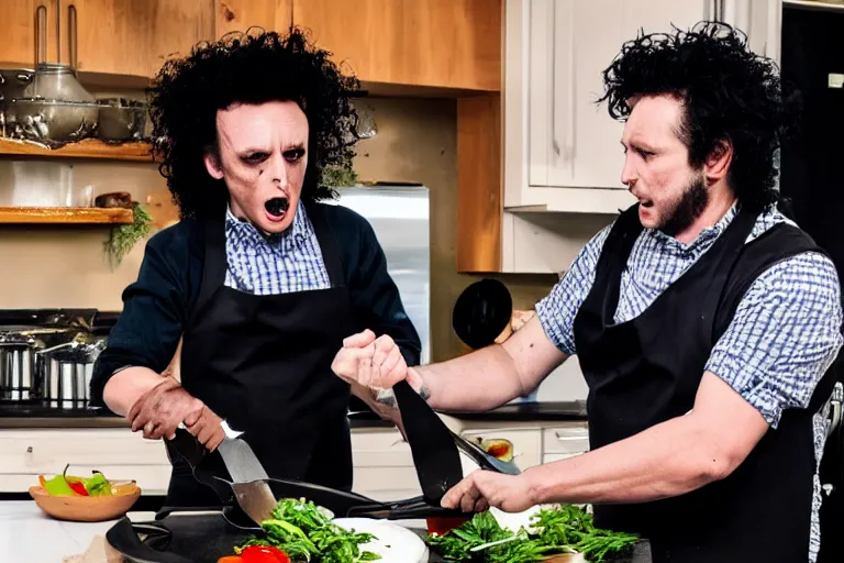 Prompt: cooking with edward scissorhands, cooking show, television, 4k