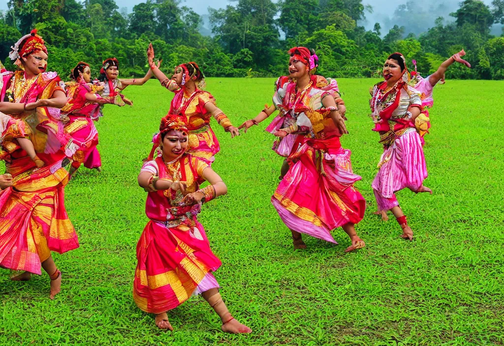 Prompt: Assamese bihu dancers wearing mekhela sador dancing in a beautiful lush green field assam countryside background with blooming flowers