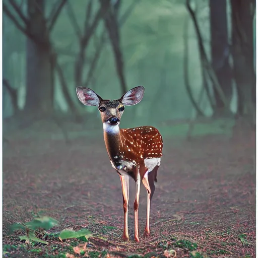 Image similar to a beautiful spotted deer in the woods lit by the morning sky, sunrise, chital, photorealistic, by annie leibovitz and steve mccurry, natural light, canon eos c 3 0 0, ƒ 1. 8, 3 5 mm, 8 k, medium - format print