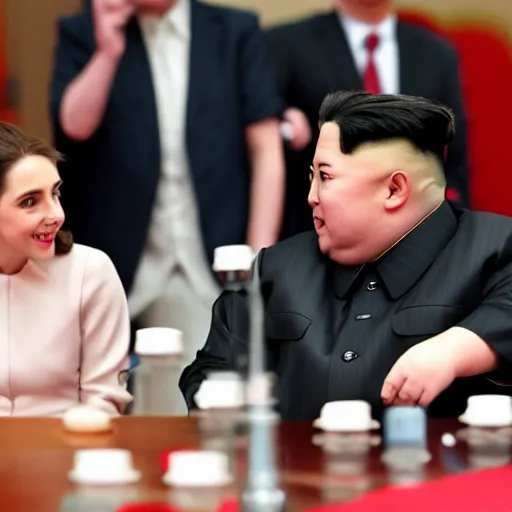 Prompt: close up shot of alison brie engaging peace talks with kim jong un at the slough corn exchange. photography, photographic