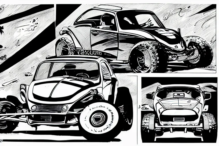 Image similar to vw beetle dune buggy, a page from cyberpunk 2 0 2 0, style of paolo parente, style of mike jackson, adam smasher, johnny silverhand, 1 9 9 0 s comic book style, white background, ink drawing, black and white