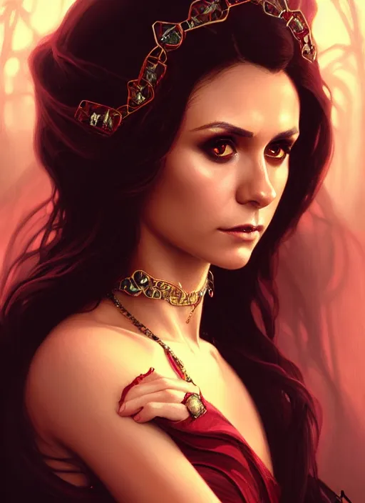 Image similar to portrait of nina dobrev as a sultry vampire queen, jewelry, greek, ruby, intricate, headshot, highly detailed, digital painting, artstation, concept art, sharp focus, cinematic lighting, illustration, art by artgerm and greg rutkowski, alphonse mucha, cgsociety