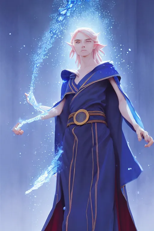 Image similar to elf female sorcerer doing water magic spells, blue robes, red hair, finely detailed perfect face, exquisite details, mid view, design on a white background, by studio muti, greg rutkowski makoto shinkai takashi takeuchi studio ghibli