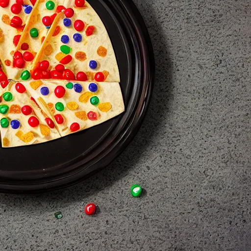 Image similar to first photos of taco bell quesadilla covered in skittles ( eos 5 ds r, iso 1 0 0, f / 8, 1 / 1 2 5, 8 4 mm, postprocessed, 4 k )